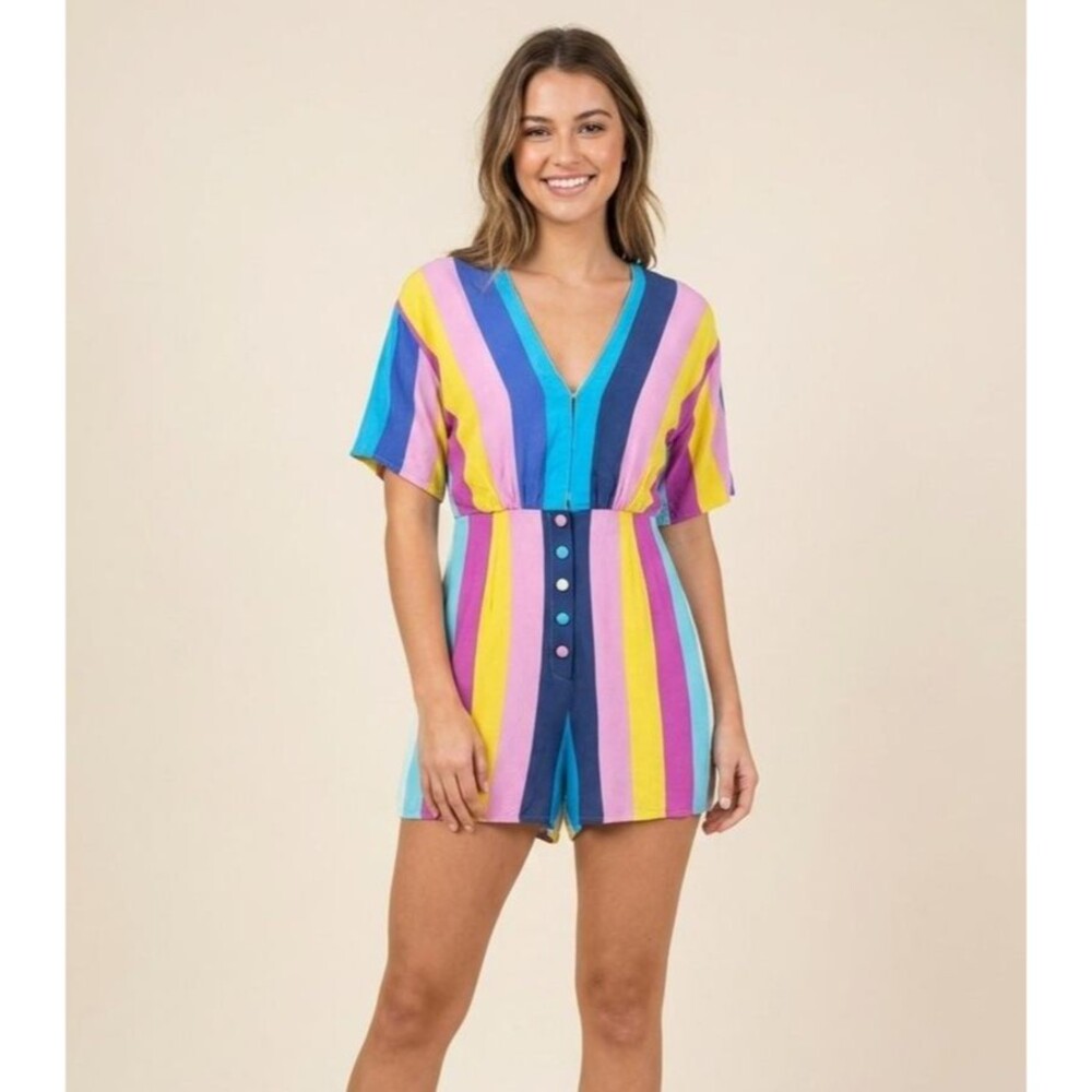 Buddy Love XS Striped Romper Pink Blue Yellow Vacation Party Festival Bright